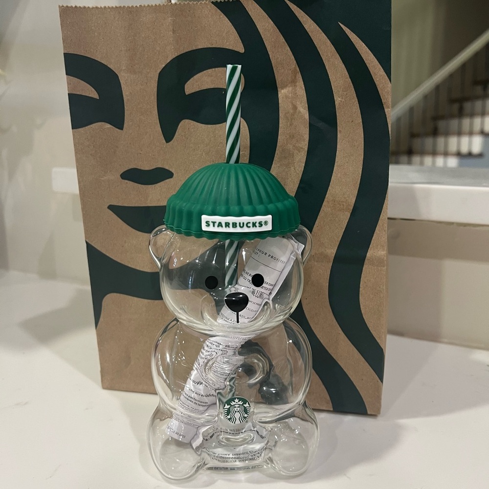 Starbucks Clear Bear Tumbler with Green Lid Bearista glass cup 2025